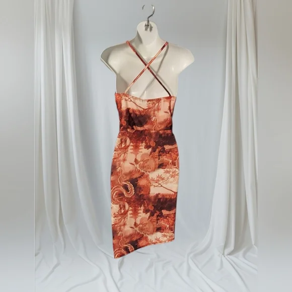 NWT PrettyLittleThing Pink Red Dragon Print Asymmetrical Halter Dress ~sz 8 - Picture 6 of 7